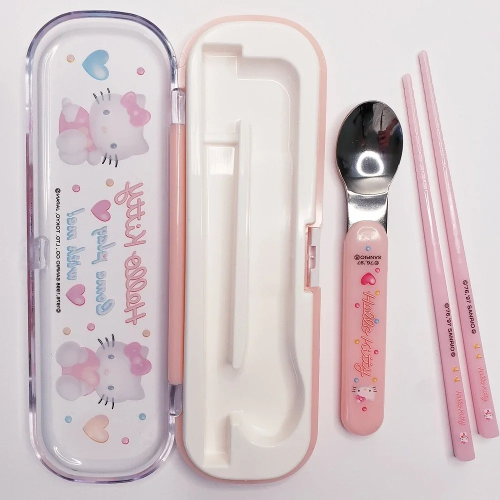JAPAN Sanrio Hello Kitty Hearts Spoon Chopsticks Box Case Bento Lunch Set 1998